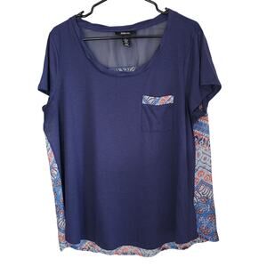 Style and Co. Womens Top XL Pullover Navy  with Sheer Back Boho Print & Pocket